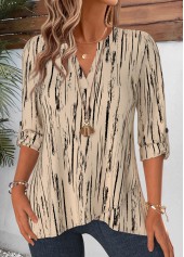 Light Camel tops,Geometric tops,ROTITA Layered Geometric Print Light Camel Split Neck Blouse