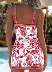 Deep Red swimwear,Plants swimwear,Floral swimwear,ROTITA Deep Red Twist Random Floral Print One Piece Swimdress