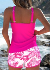 Hot Pink swimwear,Plants swimwear,ROTITA Hot Pink Patchwork Leaf Print Mid Waisted Tankini Set