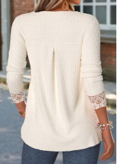 Beige tops,Plain Color tops,ROTITA Patchwork Beige Round Neck Long Sleeve T Shirt