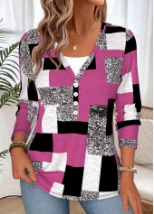 Multi Color tops,Geometric tops,ROTITA Fake 2in1 Geometric Print Multi Color T Shirt