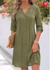 ROTITA Olive Green Patchwork Short Split Neck Long Sleeve Dress