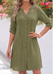 Olive Green dresses,Plain Color dresses,Everyday dresses,Casual dresses,ROTITA Olive Green Patchwork Short Split Neck Long Sleeve Dress