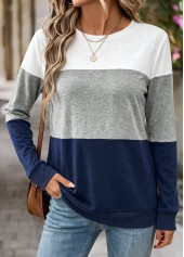 ROTITA Tummy Coverage Navy Round Neck Long Sleeve Sweatshirt