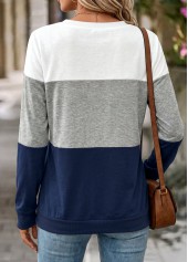 Navy tops,Contrast Color tops,ROTITA Tummy Coverage Navy Round Neck Long Sleeve Sweatshirt