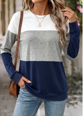 Navy tops,Contrast Color tops,ROTITA Tummy Coverage Navy Round Neck Long Sleeve Sweatshirt