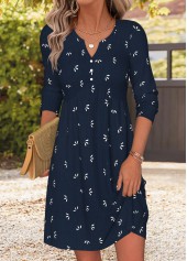 ROTITA Navy Tribal Print Patchwork Short Split Neck Dress