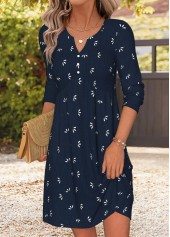 Navy dresses,Tribal dresses,Everyday dresses,Casual dresses,ROTITA Navy Tribal Print Patchwork Short Split Neck Dress