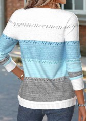 Blue tops,Geometric tops,ROTITA Patchwork Geometric Print Blue Long Sleeve T Shirt