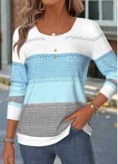 ROTITA Patchwork Geometric Print Blue Long Sleeve T Shirt