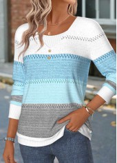 Blue tops,Geometric tops,ROTITA Patchwork Geometric Print Blue Long Sleeve T Shirt
