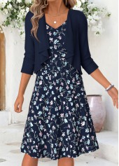 ROTITA Navy Floral Print Tummy Coverage Short Dress and Cardigan