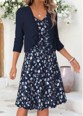 Navy dresses,Floral dresses,Plants dresses,Everyday dresses,Casual dresses,ROTITA Navy Floral Print Tummy Coverage Short Dress and Cardigan