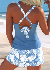 Dusty Blue swimwear,Plants swimwear,ROTITA Dusty Blue Surplice Leaf Print Mid Waisted Tankini Set