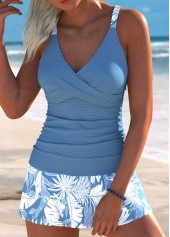 Dusty Blue swimwear,Plants swimwear,ROTITA Dusty Blue Surplice Leaf Print Mid Waisted Tankini Set