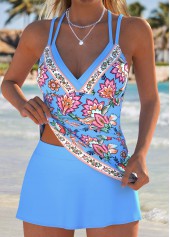 Sky Blue swimwear,Floral swimwear,Plants swimwear,ROTITA Sky Blue Fake 2in1 Floral Print Tankini Set