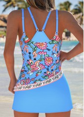 Sky Blue swimwear,Floral swimwear,Plants swimwear,ROTITA Sky Blue Fake 2in1 Floral Print Tankini Set