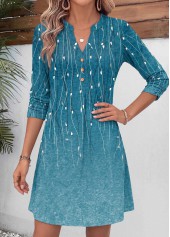 Turquoise dresses,Plants dresses,Everyday dresses,Casual dresses,ROTITA Turquoise Leaf Print Tummy Coverage Short Split Neck Dress