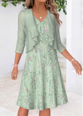 Light Green dresses,Geometric dresses,Everyday dresses,Casual dresses,ROTITA Light Green Geometric Print Two-piece Dress and Cardigan