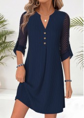 ROTITA Navy Patchwork Short Split Neck Long Sleeve Dress