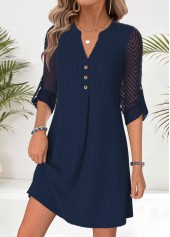 Navy dresses,Plain Color dresses,Everyday dresses,Casual dresses,ROTITA Navy Patchwork Short Split Neck Long Sleeve Dress
