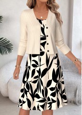 ROTITA Beige Leaf Print Two-piece Round Neck Dress and Cardigan