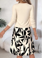 Beige dresses,Plants dresses,Everyday dresses,Casual dresses,ROTITA Beige Leaf Print Two-piece Round Neck Dress and Cardigan