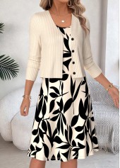 Beige dresses,Plants dresses,Everyday dresses,Casual dresses,ROTITA Beige Leaf Print Two-piece Round Neck Dress and Cardigan