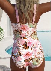 Pink swimwear,Floral swimwear,Plants swimwear,ROTITA Pink Surplice Floral Print One Piece Swimwear
