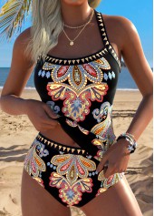 ROTITA Black Tummy Coverage Tribal Print Mid Waisted Tankini Set