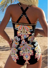 Black swimwear,Tribal swimwear,ROTITA Black Tummy Coverage Tribal Print Mid Waisted Tankini Set