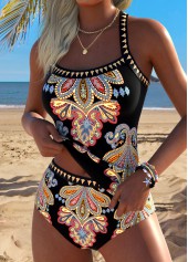 Black swimwear,Tribal swimwear,ROTITA Black Tummy Coverage Tribal Print Mid Waisted Tankini Set