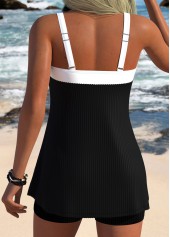 Black swimwear,Contrast Color swimwear,ROTITA Black Three-piece Mid Waisted Tankini Set