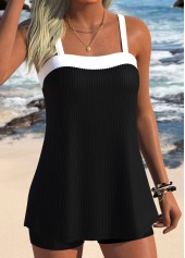 Black swimwear,Contrast Color swimwear,ROTITA Black Three-piece Mid Waisted Tankini Set
