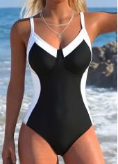 ROTITA Black Patchwork V Neck One Piece Swimdress