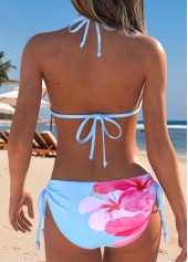 Light Blue swimwear,Floral swimwear,Plants swimwear,ROTITA Light Blue Bowknot Floral Print Mid Waisted Bikini Set