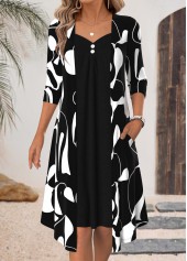 ROTITA Black Geometric Print Fake 2in1 Square Neck Dress
