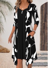 Black dresses,Geometric dresses,Everyday dresses,Casual dresses,ROTITA Black Geometric Print Fake 2in1 Square Neck Dress