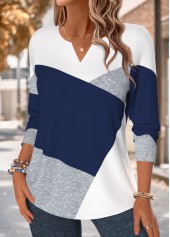 Navy tops,Geometric tops,ROTITA Curved Hem Geometric Print Navy Split Neck T Shirt