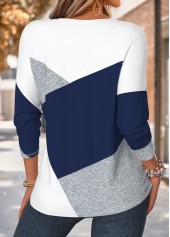 Navy tops,Geometric tops,ROTITA Curved Hem Geometric Print Navy Split Neck T Shirt
