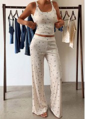 Beige loungewear,Ditsy Floral loungewear,Ditsy Floral Print Beige Strappy Lounge Top and Pants