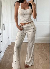 Ditsy Floral Print Beige Strappy Lounge Top and Pants