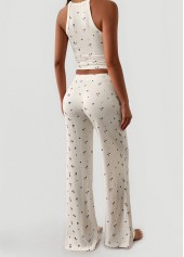 Beige loungewear,Ditsy Floral loungewear,Ditsy Floral Print Beige Strappy Lounge Top and Pants