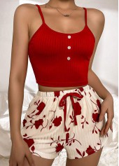 Red loungewear,Floral loungewear,Plants loungewear,Floral Print Red Scoop Neck Lounge Top and Shorts