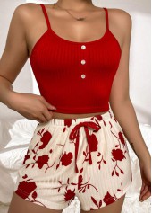 Red loungewear,Floral loungewear,Plants loungewear,Floral Print Red Scoop Neck Lounge Top and Shorts