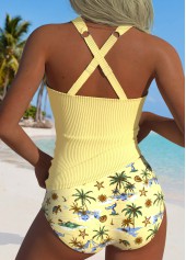 Yellow swimwear,Plants swimwear,ROTITA Yellow Tropical Plants Print Mid Waisted Tankini Set