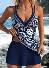 ROTITA Navy Fake 2in1 Random Floral Print Tankini Set