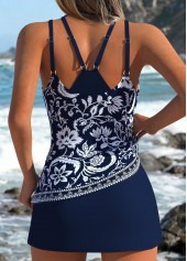 Navy swimwear,Plants swimwear,Floral swimwear,ROTITA Navy Fake 2in1 Random Floral Print Tankini Set