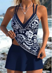Navy swimwear,Plants swimwear,Floral swimwear,ROTITA Navy Fake 2in1 Random Floral Print Tankini Set