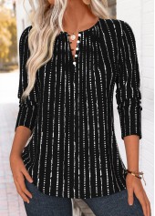 ROTITA Tuck Stitch Striped Black Split Neck T Shirt